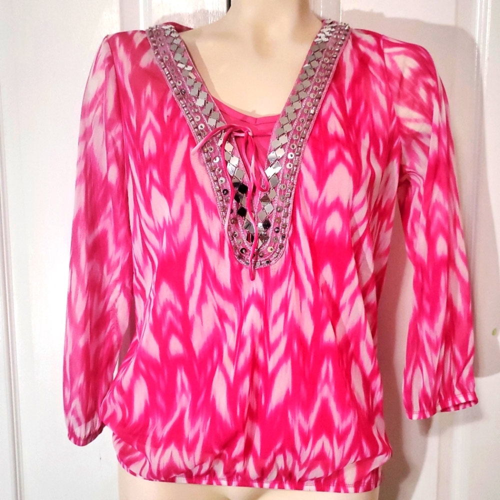 INC Shell and Camisole Pink print top with silver embellishments
